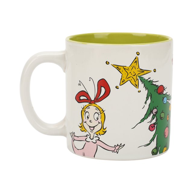 Grinch 16 Oz. Ceramic Mug With Wrap-Around Graphic featuring a festive design of the Grinch, Cindy Lou-Who, Max the Dog, and a Who-Ville Christmas tree. The mug has a white exterior with colourful illustrations and a green interior. Made of high-quality ceramic, it holds 16 ounces and is microwave- and dishwasher-safe, making it a practical and cheerful addition to holiday entertaining or a thoughtful gift.