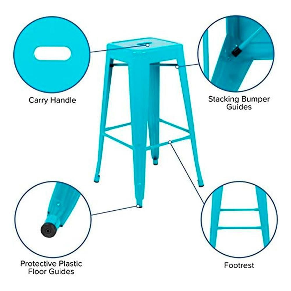 Heavenly Collection Industrial Turquoise Metal Counter Stools Set of 3 - Tolix-Style Backless Barstools with Wooden Seat Option - Ideal for Kitchen Islands & Patios