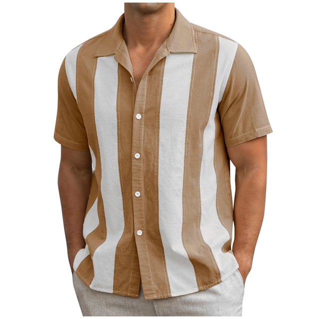 Weiqiqre Hauts pour Hommes Mode Décontractée à Rayures avec Coutures Boutons Manches Courtes Col Rabattu Blouse Extensible, Coupe Confortable pour l'Été, Taille P-2TG