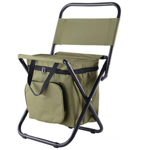 Backpack Seat, Outdoor Folding Chairs Portable Folding Chairs Camping Stool with an olive green 600D double-layer Oxford cloth seat and backrest. Features a built-in insulated storage bag with a 10L capacity and multiple pockets for storing items like water bottles, snacks, and phones. The frame is made of 16mm high-strength stainless steel, supporting up to 100kg. Suitable for camping, fishing, hiking, and other outdoor activities.