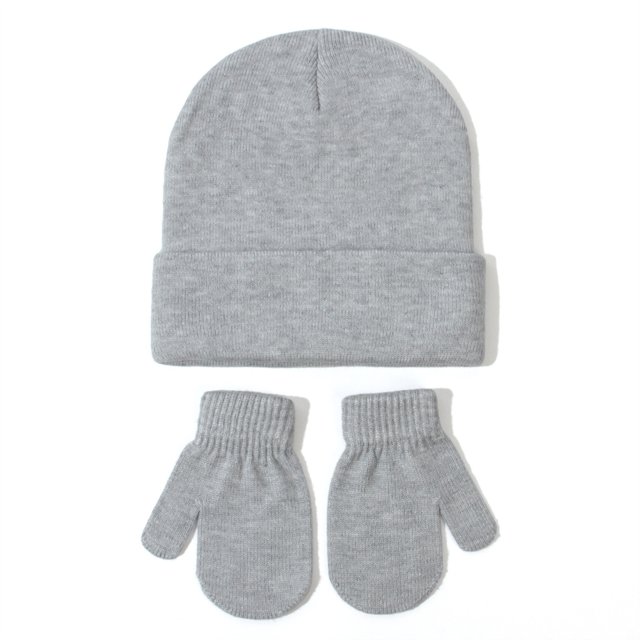 FAOWME Baby Knitted Hat And Glove Set Versatile Solid Color Fall Children Wool Pullover Hat Grey S