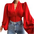 thumbnail image 4 of CEHVOM Women Spring Casual Solid V Neck Lantern Long Sleeve Buttons Pullover Blouse Shirt Draw Back Short Tops, 4 of 7