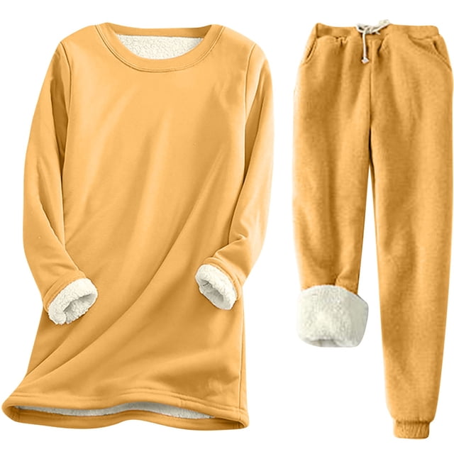 Ensemble de Survêtement en Molleton pour Femmes 2 Pcs, Tenue d'Hiver Chaude, Doublé Sherpa, Survêtement Uni à Col Ras du Cou, Chandails et Pantalons de Survêtement