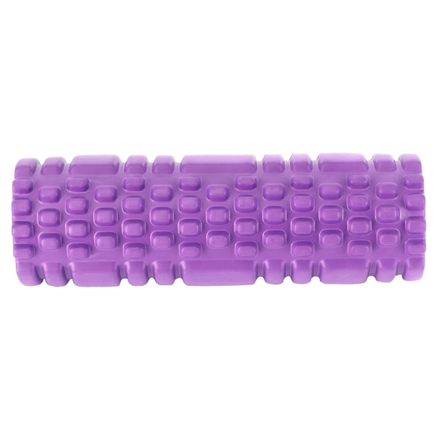 Roller EVA Hollow Yoga Column Massage Stick Muscle Relaxation Roller Fitness Pilates Exercise. A purple EVA foam roller with a textured reticular design for muscle tension relief, core strengthening, and fitness recovery. Lightweight at approximately 271g, ideal for balancing, flexibility, and post-workout recovery exercises.