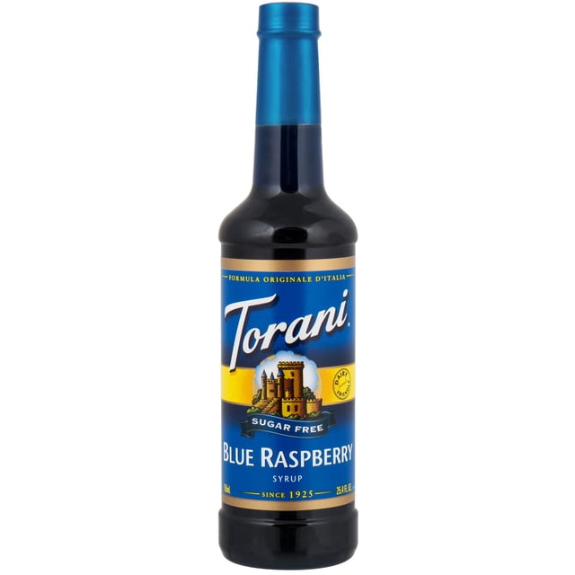 Torani Sirop Aromatisé à la Framboise Bleue Sans Sucre de 750 ml dans une Bouteille Élégante et Facile à Verser avec une Étiquette Bleue Vibrante Mettant en Vedette le logo Torani et le Graphique de Château. Ce Sirop Sans Sucre Est Sucré avec Splenda et Offre une Saveur de Framboise Bleue Audacieuse, Idéal pour Rehausser des Boissons comme des Thés Glacés, des Limonades et des sodas Italiens. la Bouteille Est Conçue pour une Utilisation Pratique dans les Cafés, Cafés et restaurants.