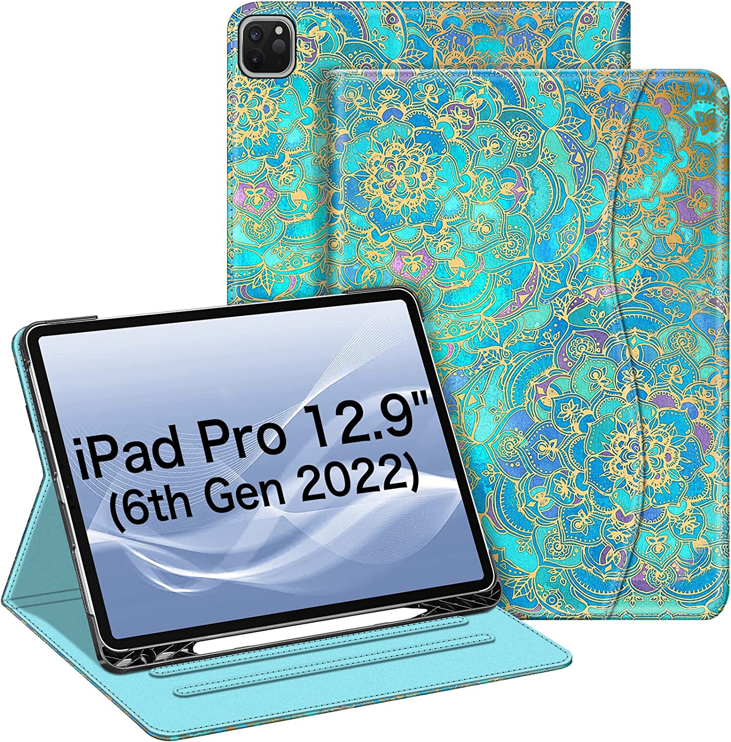 Étui Folio pour iPad Pro 12.9 Pouces 6e Génération 2022, Support Intelligent Multi-Angle avec Porte-Crayon et Poche