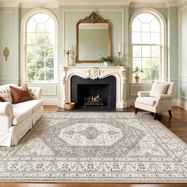 2x3 Washable Small Rug for Entryway: Indoor Vintage Oriental Area Rugs Stain Resistant Door Mat with Non Slip Backing Low Pile Thin Carpet for Bathroom (2x3 Brown/Beige)