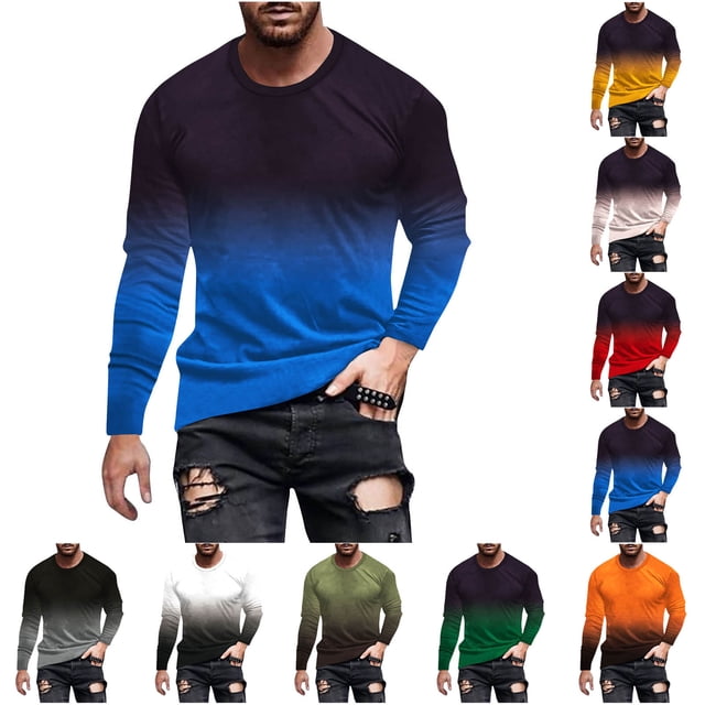 UVEASISHA T-Shirts à Manches Longues pour Hommes Décontractés, T-Shirt Graphique pour Hommes T-Shirts à Dégradé de Couleurs Décontractés Col Rond Chandails à Enfiler Hauts Grande Taille et Taille Forte Coupe Ajustée Gym Entraînement T-Shirts pour Muscles Articles en Liquidation