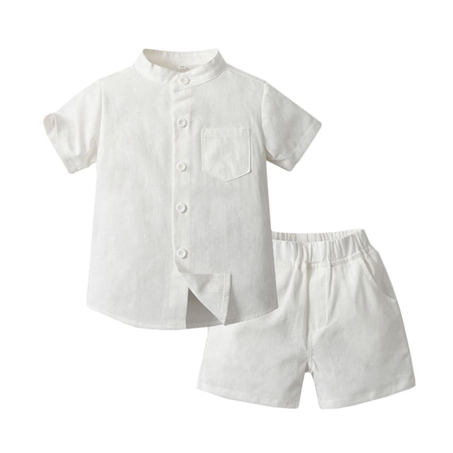 Plebaso Baby Girls Boys Stand-Up Collar Short Sleeve Shirt Shorts Pants Set Solid Color Summer Clothes Two-Piece Suits
