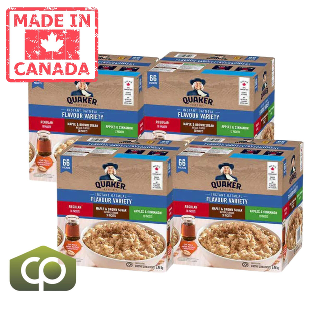 Quaker Instant Oatmeal 3 Flavour Variety Pack - 2.45 kg | (4/Case) Front-facing boxed case with Quaker logo and blue-white graphics, label showing 2.45 kg and list of 66 single-serve packets (18 regular, 36 maple & brown sugar, 12 apple & cinnamon); plain studio background, suitable as a quick pantry breakfast and often used for travel or camping.