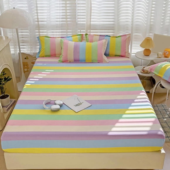 EDHITNR Drap-Housse en Coton Lavé à Rayures Colorées, Doux et Agréable pour la Peau 98 % Coton 2 % Spandex, Housse de Matelas à Élastique Complet 362° avec Poche Profonde, Drap Respirant pour Tailles Grand Lit Simple Double