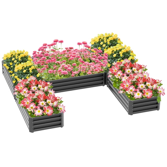 Outsunny Ensemble de 5 Bacs de Jardin Surélevés Bricolage Grands Bacs de Plantation en Acier Gris, Conçus pour l'Extérieur avec Acier Galvanisé et Peinture Protectrice. Disposés en Forme de U, les Bacs de Plantation Sont Remplis de Fleurs Colorées et Offrent un Grand Espace de Plantation avec un Fond Ouvert pour une Croissance Accrue des Racines. Idéal pour Créer des Bacs de Jardin Surélevés Ou des Aménagements Décoratifs Personnalisés dans les Jardins Ou les Cours Arrière.