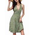 thumbnail image 1 of Robe d'Été Sans Manches Portefeuille à Col en V à Fleurs pour Femme, Mini Robe, Vert Encre, TTG, 1 of 5