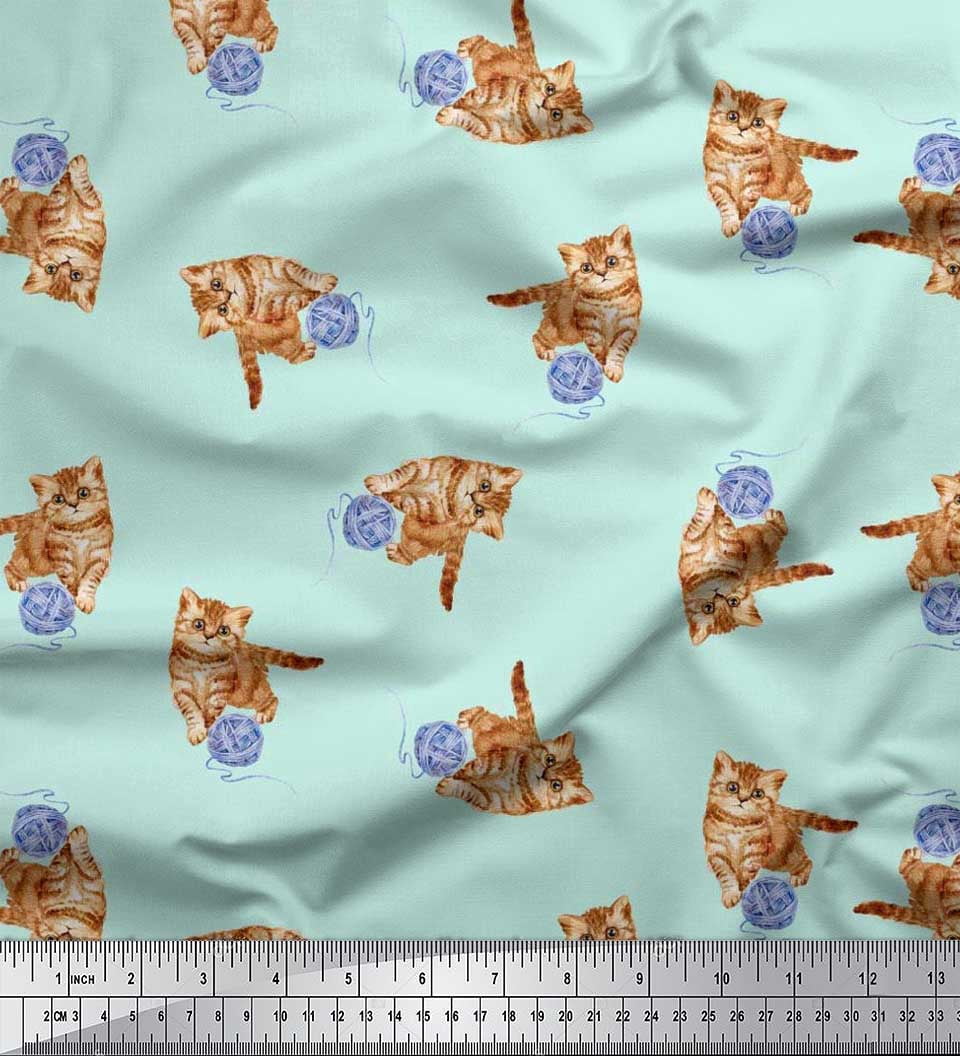 Soimoi Silk Fabric Wool & Cat Animal Printed Fabric 1 Yard 42 Inch Wide