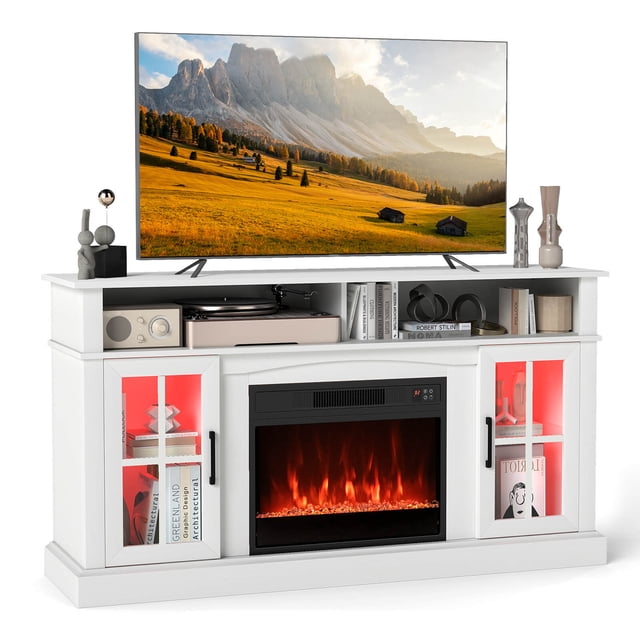 Costway 58" Fireplace TV Stand with LED Lights Entertainment Center for 65 Inch TV in white. Designed as a media console table, it features a CSA-certified electric fireplace with 9 flame colors, 5 brightness levels, and adjustable thermostat from 62℉ to 82℉. Includes RGB LED strip lights with smart app control, spacious storage with tempered glass cabinets, and anti-toppling devices for safety. Ideal for TVs up to 65 inches and warming spaces up to 400 sq.ft.