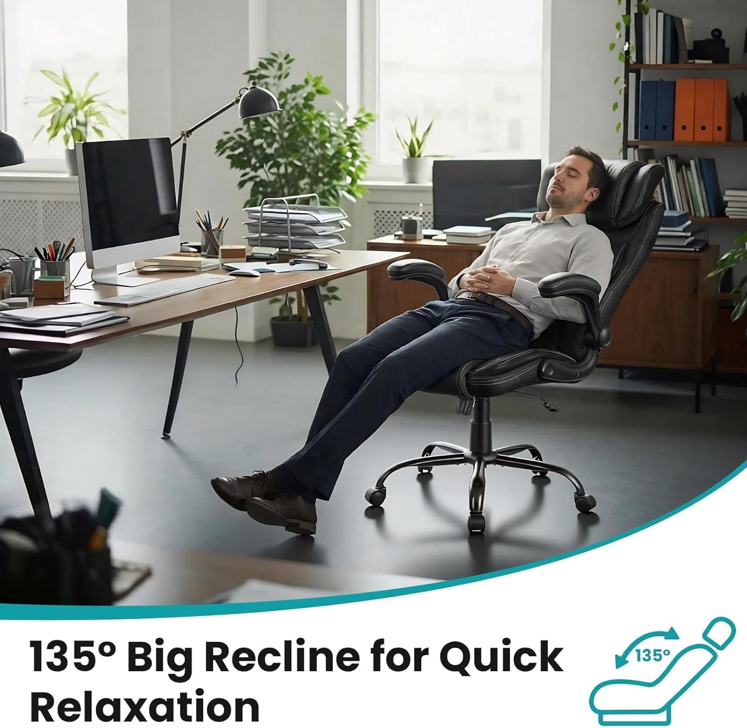 Royalbelle Black Leather Office Chair, Reclining Desk Chair with Lumbar Support