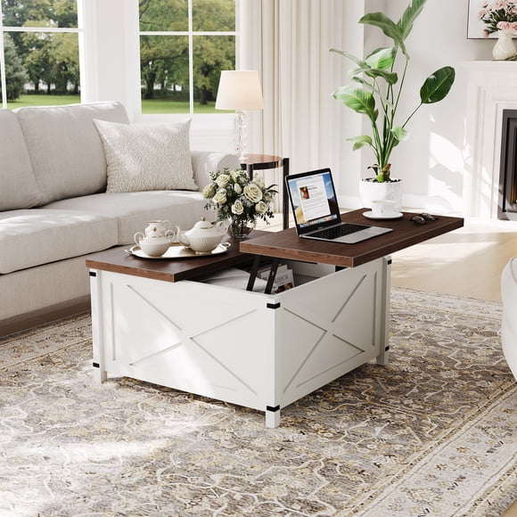 47.2 Inch Rustic Farmhouse Lift Top Coffee Table with Pop Up Workstation, Sliding Barn Door Cabinet and Hidden Storage Compartment, Adjustable Shelf Center Console for Living Room Home Office Entryway