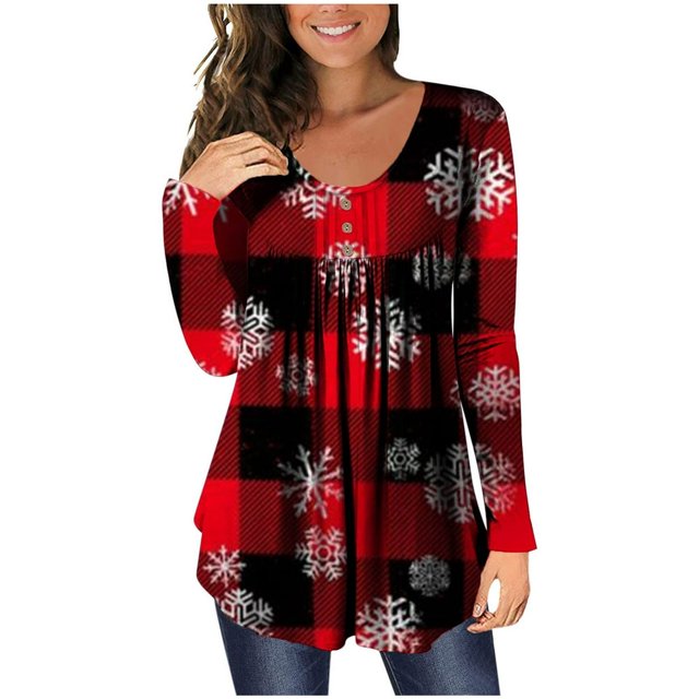 MesaSe Femme Col Rond Imprimé Tunique Tops Boutons Manches Longues Chemisier