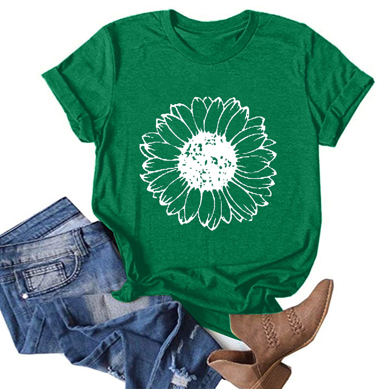T-shirts Graphiques pour Femmes, Mode Femmes Nouveau Style T-Shirts à Imprimé Floral Amples à Manches Courtes Col Ras du Cou Blouses d'Été Décontractées Hauts pour Dames