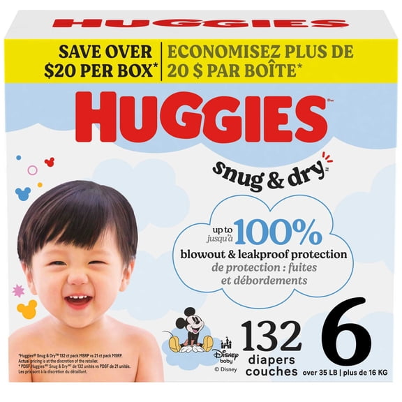 Huggies Snug & Dry Baby Diapers, Size 6 (28-44 lbs), 132 Count