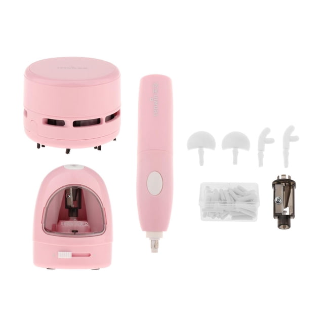 Electric Auto Pencil Sharpener Battery Operated Colored Pencil Sharpener Electric Eraser and Cleaner Set in pink. A stationery gift set ideal for school and home use, featuring an electric pencil sharpener with adjustable tip thickness, an electric eraser with replacement tips, and a mini handheld vacuum cleaner for desk cleaning. Includes six dry batteries and additional accessories, all made of durable plastic.
