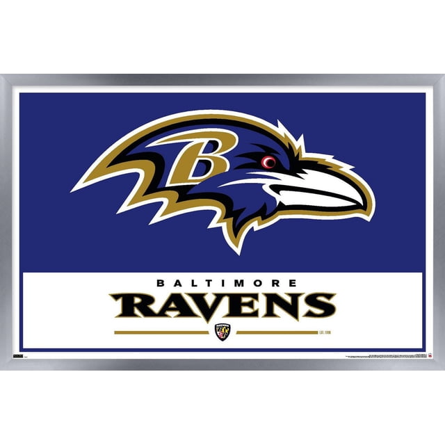 NFL Baltimore Ravens - Logo 21 Wall Poster, 22.375" x 34" framed, featuring a centered Baltimore Ravens logo with a stylized raven head in purple, black, gold, and white on a blue background above bold 'BALTIMORE RAVENS' text in black and gold on a white panel, framed in silver. Suitable wall art for home décor, dorm rooms, or sports fan spaces.