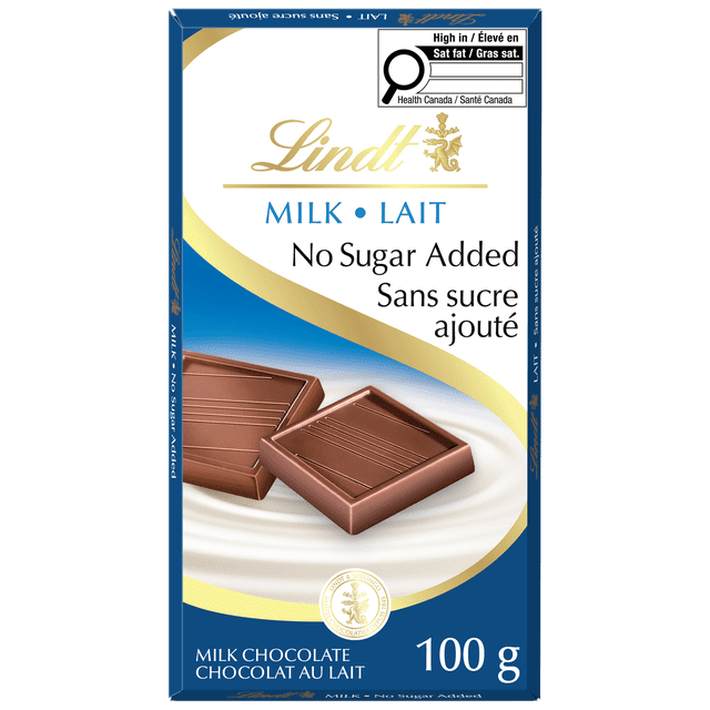 Lindt No Sugar Added Milk Chocolate Bar, 100 Grams