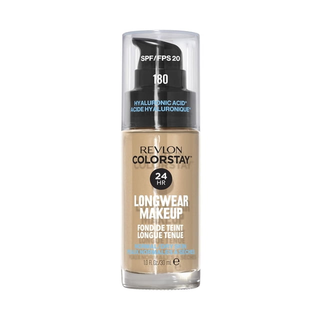 Revlon ColorStay™ Maquillage Longue Tenue pour Peau Normale/sèche Teinte 180, un Fond de Teint Liquide de 30 ml avec FPS 20 et Acide Hyaluronique, Offrant une Hydratation de 24 Heures et une Tenue Longue Durée dans un Flacon à Pompe Transparent, Idéal pour Résister à la Chaleur, à la Sueur et à l'Humidité.