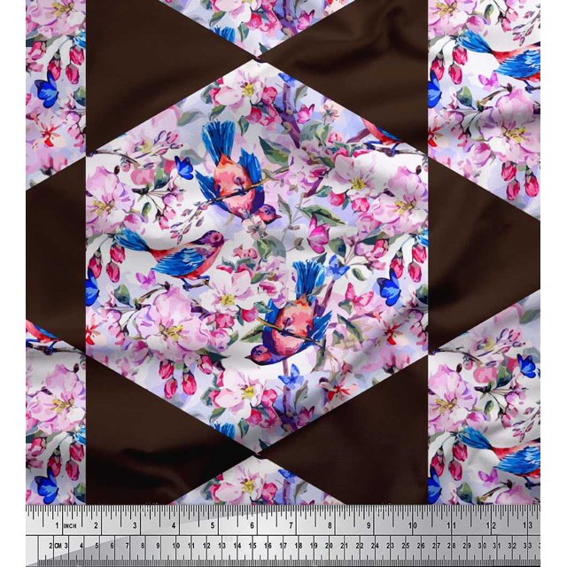 Soimoi Rayon Crepe Fabric Leaves,Bird & Floral Patchwork Print Sewing Fabric Yard 46 Inch Wide
