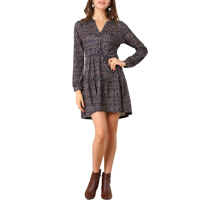 INSPIRE CHIC Robe Décontractée pour Femme à Fleurs, Col en V, Taille Cintrée, Manches Longues