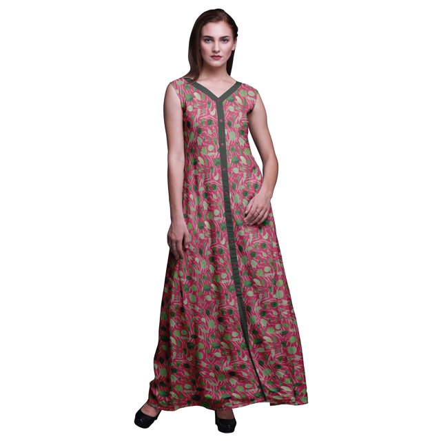 Bimba Feuilles Femmes Longue Florale Fête Col en V Robe Fendue devant Sans Manches Maxi Robe-Petit