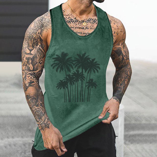 Liquidation d'Été! Débardeur Homme Horkkom Imprimé Palmier Col Rond Sans Manches Chemises Décontractées Sport Gym Musculation (P-4TG)