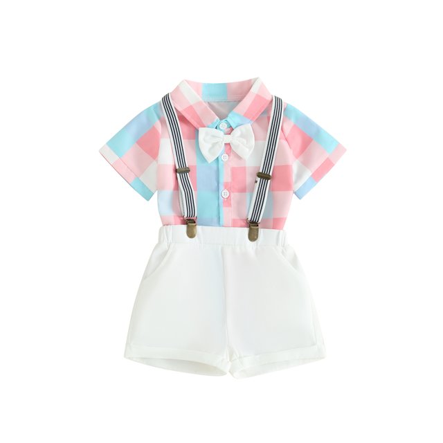 Honganda 0-18M Baby Boys Summer Outfits Plaid Buttons Short Sleeve Rompers Suspender Shorts 2Pcs Clothes Set
