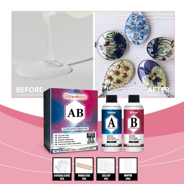 Crystal Clear Epoxy Resin Kit 200ml High Transparency Glue DIY Set with 100ml Resin, 100ml Curing Agent, 2 Measuring Cups, 2 Stirring Rods, 4 Droppers, 2 Gloves for Jewelry Crafts Ornaments