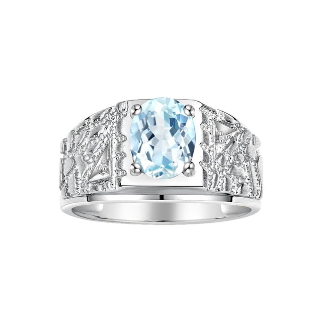 RYLOS Men's Rings 14K White Gold Designer Nugget Ring Oval 9X7MM Gemstone & Diamonds Aquamarine March Birthstone Rings For Man Size 8