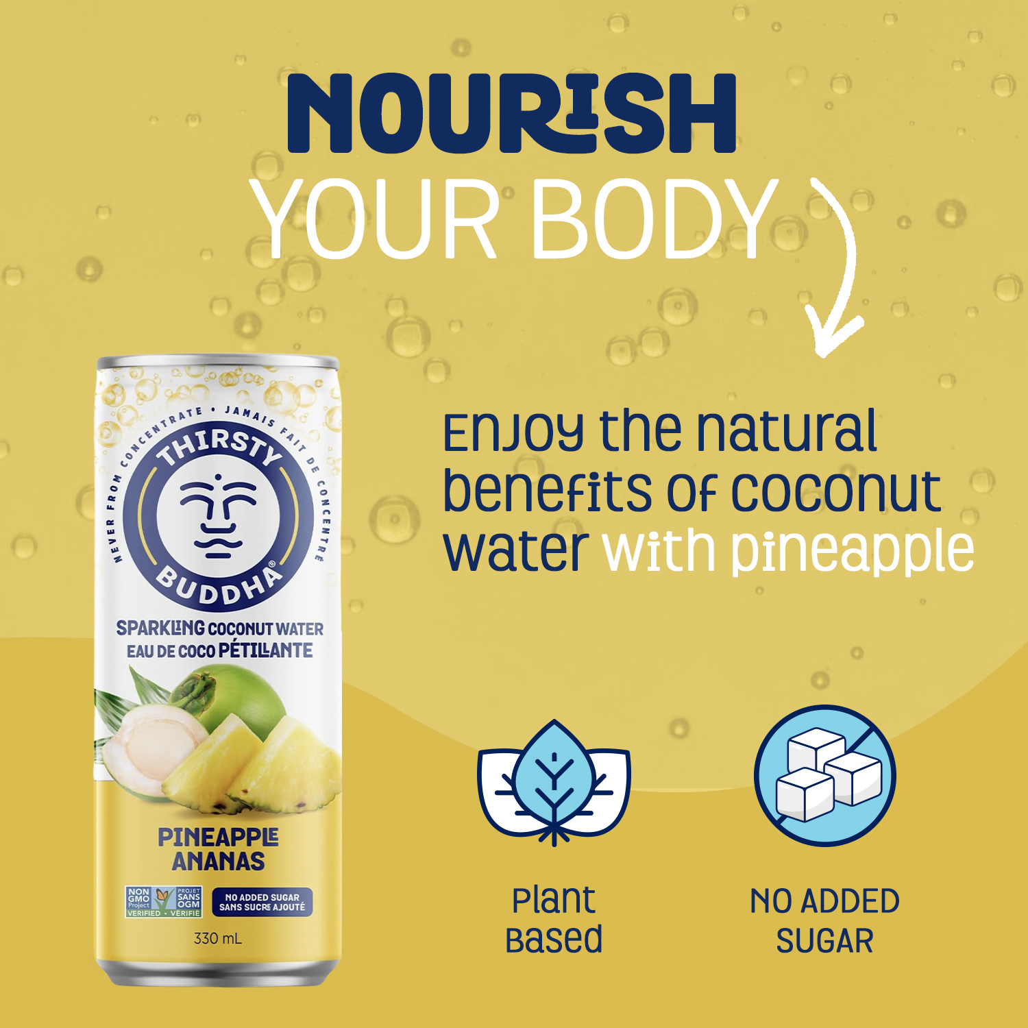Thirsty Buddha Eau de Coco Pétillante à l'Ananas, Sans Sucre Ajouté, Sans OGM, Certifié Végétalien, Canette330ml