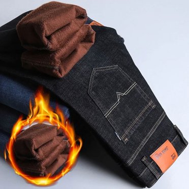 New Casual Men's Warm Fleece Jeans Style Business Thicken Fur Regular Fit Denim Pants