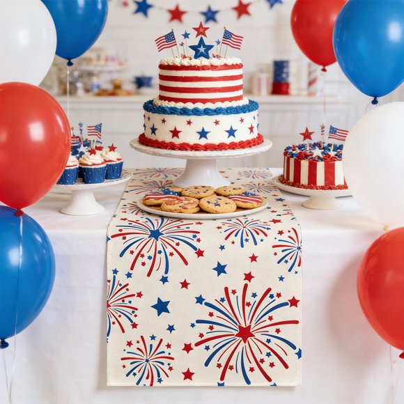 4th of July Flower Table Runner,Patriotic Table Runner, Watercolor Red White and Blue American Flag Stars Table Runner Memorial Day Veterans Day Patriotic Decoration and Supplies for Home