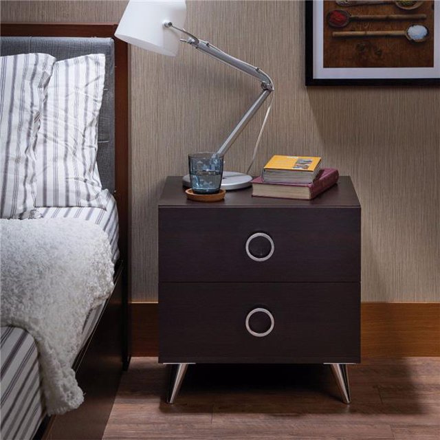 Benzara BM154630 Rectangular Wood & Metal Nightstand, Brown & Chrome