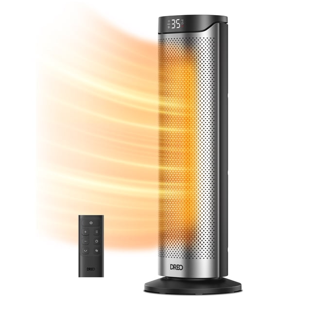 23`` SPACE HEATER DREO 23-inch PTC ceramic space heater, centered front-facing view with slim grille and top control panel visible; 1500W power, dual DC motors, precise temperature control 41 to 95°F, three heat levels, ECO mode, 12-hour timer and remote; spec badge notes eight safety features. Often used to warm bedrooms, living rooms or home offices and suitable as temporary supplemental heat for basements.