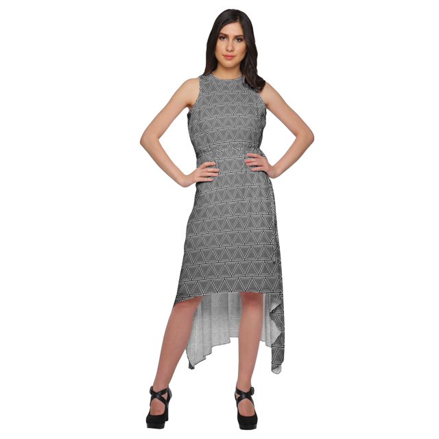 Moomaya Printed High-Low Style Sleeveless Dress For Women With Halter Neck