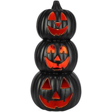 18" Lighted Blow Mold Pumpkin Black Happy Trio (Orange)