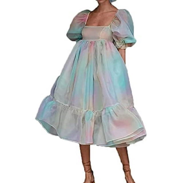 Women Summer Puffy Tulle Princess Dress Solid Color Square Neck Short Sleeve Ruffle Hem A-Line Dress Plus Size