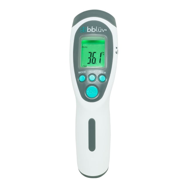 bblüv - Termö - 4 in 1 Infrared Digital Thermometer displaying a body temperature of 36.1°C on a green backlit screen, featuring a white and gray ergonomic handheld design for quick, precise, non-contact temperature measurement of body and surfaces.