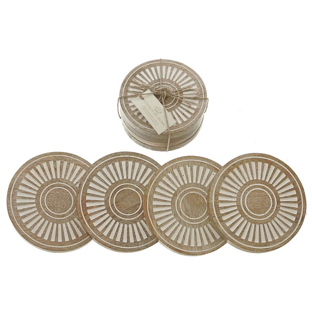 Mango Wood 4 PC Etched Coasters White set of four round mango wood coasters with white etched radial line patterns and concentric circles, each measuring 4 by 4 by 1.8 inches, stacked and tied with twine, suitable for protecting dining surfaces from spills and scratches.