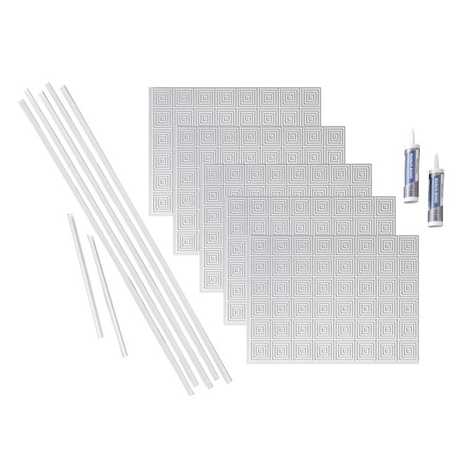 FASÄDE Miniquattro Decorative Vinyl Backsplash 15 sq ft Kit in Matte White, including five square-patterned backsplash panels, two 18-inch inside corner trims, five 4-foot j-trims, and two adhesive tubes. Ideal for DIY home improvement projects, these lightweight, flexible wall tiles are easy to install and clean, perfect for kitchens, bathrooms, or accent walls.
