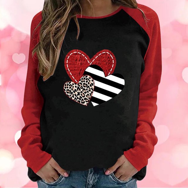 Qertyioot Chandail Cœur d'Amour Saint-Valentin Grande Taille, Haut à Manches Longues pour Femme à Col Rond, Haut Décontracté Raglan à Panneaux Contrastés de Couleur, Coupe Ample, Imprimé, Blouse à Manches Longues à Col Rond