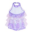 thumbnail image 4 of TiaoBug Girls Sleeveless Shiny Sequins Halter Tassel Mini Dress Latin Jazz Salsa Samba Rumba Unitard Dress Lavender 4, 4 of 6