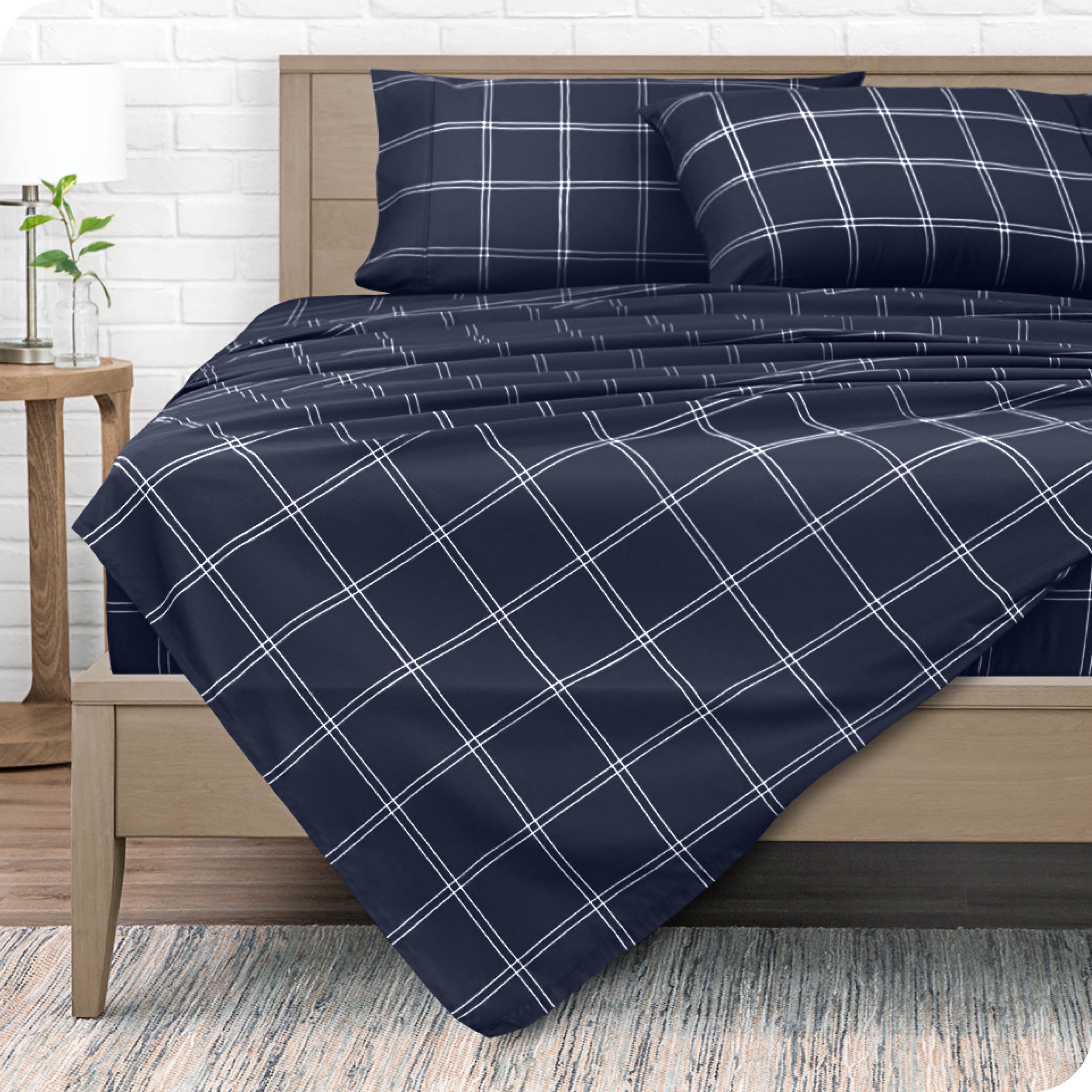 Bare Home Ultra-Soft Sheet Set - Premium 1800 Collection - Deep Pockets - 4-Pieces - Queen, Modern Plaid - Midnight/White
