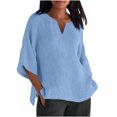 thumbnail image 1 of Dealovy Plus Size Shirts for Women 3/4 Sleeve Notch V Neck Cotton Linen Tops Summer Solid Color Tees, 1 of 5